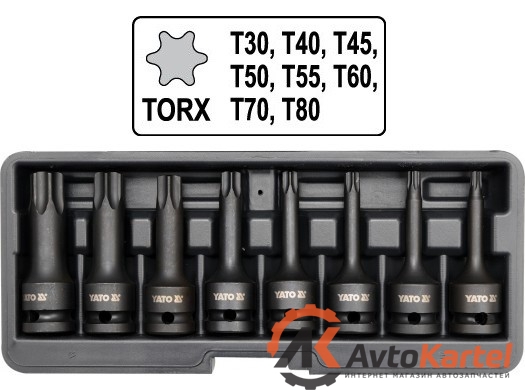 Набор головок-бит ударных TORX, 1/2 inch, 8 пр: T30, Т40, Т45, Т50, Т55, Т60, Т70, Т80, в пластм. боксе